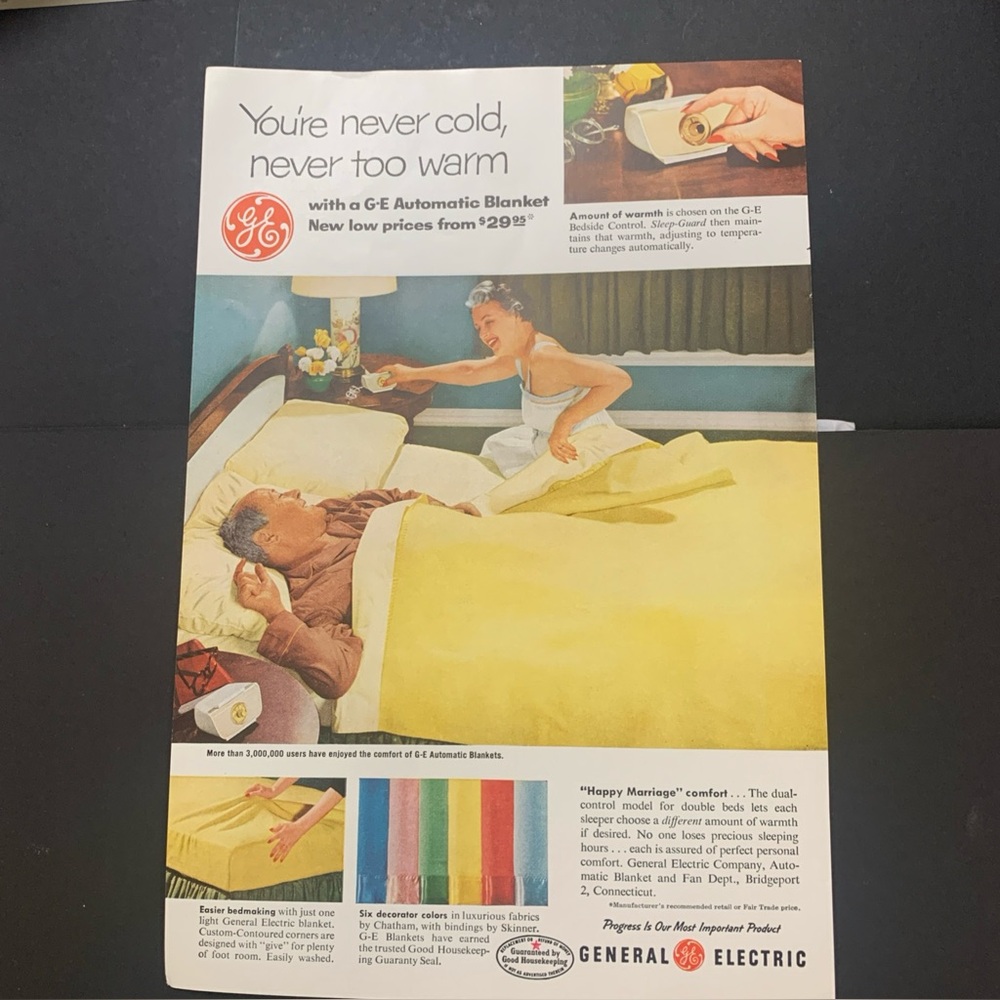 Vintage 1956 GE General Electric Automatic Blanket Ad Advertisement